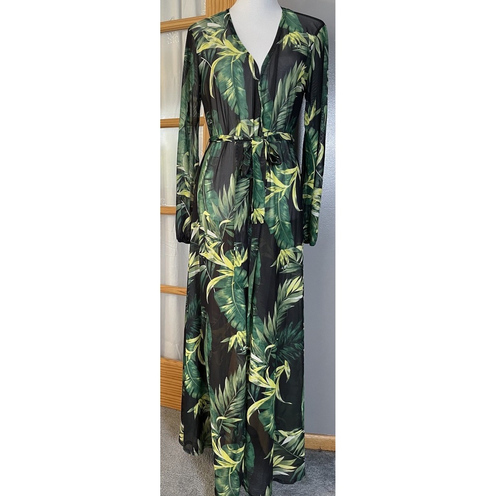 Akira Tropical Mesh Robe Layering Sz M Belted Green Black Sheer Beach Lagenlook